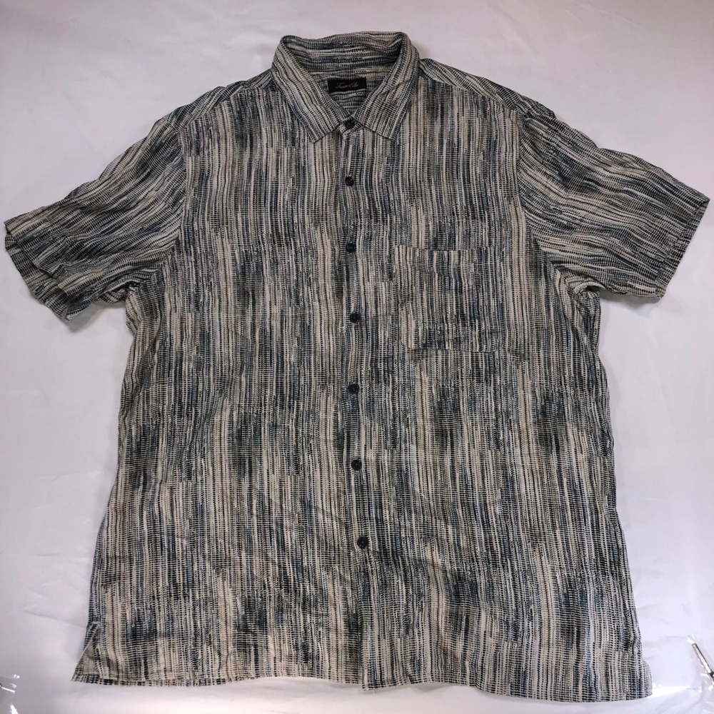 Tasso Elba Mens XL Silk Rayon Short Sleeve Button Down Shirt Blue Tan Stripe